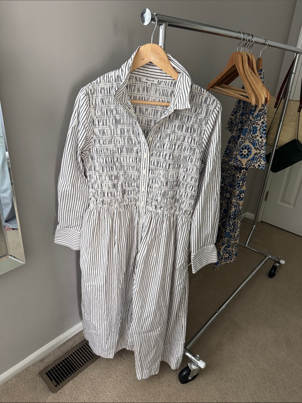 Madewell White and Black Vertical-Stripe Smocked Shirtdress - Picture 2 of 3
